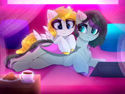 Size: 2666x2000 | Tagged: safe, artist:taiweiart, imported from derpibooru, oc, oc only, bat pony, pegasus, pony, bed, cookie, cup, curtains, drink, duo, female, food, lying down, mare, pillow, plate, prone, tablet