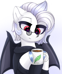 Size: 1274x1500 | Tagged: safe, artist:taiweiart, imported from derpibooru, oc, oc only, bat pony, pony, clothes, food, glasses, heart, heart eyes, hoodie, mug, simple background, solo, tea, wingding eyes