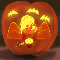 Size: 2500x2500 | Tagged: safe, artist:finirim, imported from derpibooru, derpy hooves, pegasus, pony, food, halloween, holiday, jack-o-lantern, muffin, pumpkin, solo