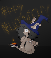 Size: 3104x3564 | Tagged: safe, artist:lili, imported from derpibooru, oc, oc only, pegasus, bandage, black background, cake, dark background, feather, food, halloween, hat, holiday, shaggy, simple background, solo, striped, witch