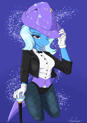 Size: 542x772 | Tagged: safe, artist:aurorafang, imported from derpibooru, trixie, anthro, unicorn, clothes, fishnets, hat, leotard, magician outfit, solo, trixie's hat
