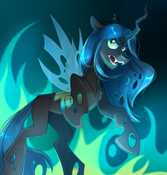 Size: 4000x4200 | Tagged: safe, artist:kopotb, imported from derpibooru, queen chrysalis, changeling, changeling queen, pony, antagonist, fangs, female, fire, g4, looking at you, mare, open mouth, solo, spread wings, standing on two hooves, wings
