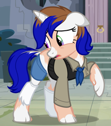 Size: 1096x1248 | Tagged: safe, artist:anonymous, imported from derpibooru, oc, oc only, oc:koronella, human, pony, unicorn, fallout equestria, clothes, dock, floppy ears, human to pony, mid-transformation, show accurate, tail, transformation