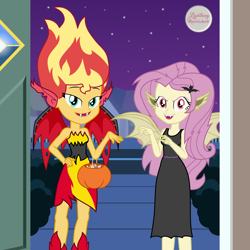 Size: 2000x2000 | Tagged: safe, artist:lightning_musicwave, imported from derpibooru, fluttershy, sunset shimmer, human, equestria girls, clothes, costume, fake ears, fake wings, female, flutterbat costume, halloween, halloween costume, holiday, nightmare night, sunset satan, trick or treat