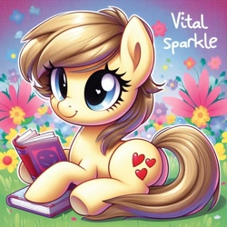 Size: 1024x1024 | Tagged: safe, imported from derpibooru, oc, oc:vital sparkle, earth pony, ai content, ai generated, book, cute, flower, generator:bing image creator, lying down, ocbetes, smiling, solo