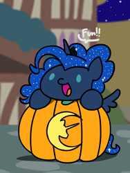 Size: 1350x1800 | Tagged: safe, artist:flutterluv, imported from derpibooru, pinkie pie, princess luna, alicorn, pony, alternate hairstyle, halloween, holiday, jack-o-lantern, night, nightmare night, ponyville, pumpkin, smiling, solo, that pony sure does love fun