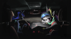 Size: 2643x1468 | Tagged: safe, artist:ciborgen, imported from derpibooru, princess celestia, princess luna, alicorn, pony, car, duo, interior, looking at you, night, road