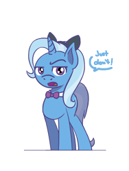 Size: 1350x1800 | Tagged: safe, artist:flutterluv, imported from derpibooru, trixie, pony, unicorn, bowtie, cat ears, eyebrows, raised eyebrow, simple background, solo, speech bubble, transparent background, trixie day, trixie is not amused, unamused