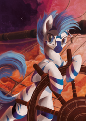 Size: 744x1039 | Tagged: safe, artist:hilloty, imported from derpibooru, oc, zebra, cloud, ship, solo, stars, sunset, wheel