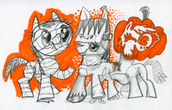 Size: 6193x4000 | Tagged: safe, artist:ja0822ck, imported from derpibooru, earth pony, pegasus, pony, unicorn, frankenpony, frankenstein, halloween, holiday, jack-o-lantern, mummy, ponified, pumpkin, traditional art