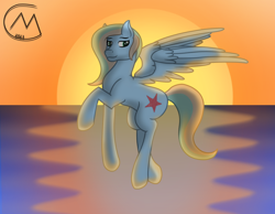 Size: 2898x2249 | Tagged: safe, artist:maître cervidé, imported from derpibooru, oc, oc:oceania, ocean, signature, sky, sun, sunset, water