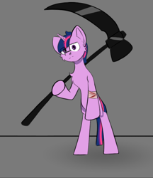 Size: 802x928 | Tagged: safe, artist:cotarsis, imported from derpibooru, twilight sparkle, pony, unicorn, bandage, bipedal, cheek fluff, chest fluff, female, gray background, looking at you, scythe, simple background, sketch, solo, standing