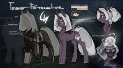 Size: 3287x1841 | Tagged: safe, artist:feelinnglad, imported from derpibooru, oc, oc:tess petrichor, unicorn, backpack, boots, clothes, injured, lichtenberg figure, lichtenberg scar, lightning, magic, reference sheet, scar, shoes, size comparison, tall