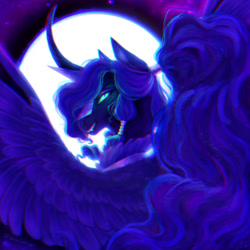 Size: 1024x1024 | Tagged: safe, artist:bluebrushcreations, imported from derpibooru, nightmare moon, princess luna, alicorn, pony, blue eyes, blue mane, chanfron, curved horn, digital art, ear fluff, ethereal mane, eyeshadow, fangs, feather, female, flowing mane, g4, helmet, horn, lidded eyes, looking at you, makeup, mare, moon, moonlight, night, peytral, redraw, signature, sky, smiling, smiling at you, solo, sparkles, spread wings, starry mane, stars, teeth, wings