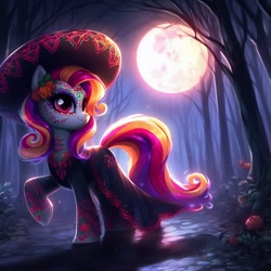 Size: 1024x1024 | Tagged: safe, imported from derpibooru, alicorn, ai content, ai generated, black dress, clothes, dia de los muertos, digital art, dress, generator:dall-e 3, hat, moon, multicolored mane, multicolored tail, red eyes, tail