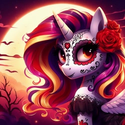 Size: 1024x1024 | Tagged: safe, imported from derpibooru, alicorn, ai content, ai generated, black dress, clothes, dia de los muertos, dress, flower, flower in hair, makeup, multicolored mane