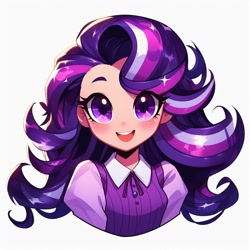 Size: 1024x1024 | Tagged: safe, imported from derpibooru, starlight glimmer, human, equestria girls, ai content, ai generated, alternate hairstyle, purple dress, purple eyes, smiling, younger