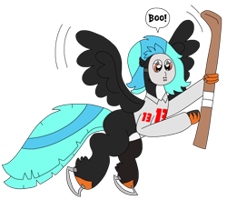 Size: 2639x2321 | Tagged: safe, artist:supahdonarudo, imported from derpibooru, oc, oc only, oc:icebeak, classical hippogriff, hippogriff, clothes, costume, flying, halloween, halloween costume, hockey mask, hockey stick, holding, holiday, jersey, mask, simple background, skates, transparent background