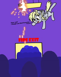 Size: 1200x1506 | Tagged: safe, imported from derpibooru, derpy hooves, pegasus, pony, bronycon, bronycon fire, burnycon, colored, convention, derp, dialogue, female, fire, flying, mare, scene interpretation, spread wings, wings