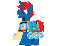 Size: 2048x1536 | Tagged: safe, artist:bluemario11, artist:ry-bluepony1, imported from derpibooru, oc, oc only, oc:train track, unicorn, base used, box, cardboard box, clothes, costume, flashlight (object), halloween, holiday, mane, nightmare night, simple background, solo, tail, thomas the tank engine, transparent background