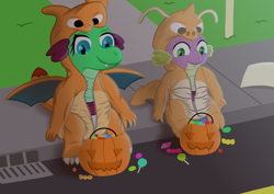 Size: 3300x2338 | Tagged: safe, artist:sweetielover, imported from derpibooru, spike, oc, oc:goldigony, charizard, dragon, dragonite, candies, candy, clothes, costume, diaper, duo, female, food, g4, high res, male, night, nightmare night, pavement, pokémon, pumpkin, pumpkin bucket, spread wings, street, wings