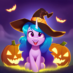 Size: 3072x3072 | Tagged: safe, imported from derpibooru, izzy moonbow, pony, unicorn, ai content, ai generated, female, front view, g5, generator:purplesmart.ai, generator:stable diffusion, halloween, hat, holiday, jack-o-lantern, looking at you, mare, nightmare night, pumpkin, sitting, smiling, solo, starry sky, witch hat