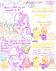 Size: 4779x6013 | Tagged: safe, artist:adorkabletwilightandfriends, imported from derpibooru, apple bloom, scootaloo, sweetie belle, twilight sparkle, alicorn, spider, comic:adorkable twilight and friends, adorkable, adorkable twilight, autumn, book, bow, clothes, comic, costume, cute, cutie mark crusaders, disappointed, door, dork, excited, eyes closed, funny, halloween, happy, holiday, humor, leaves, magic, nightmare night, pumpkin, rockstar, silly, skintight clothes, slice of life, trick or treat, twilight sparkle (alicorn), yard