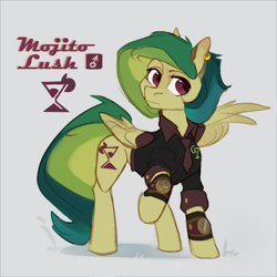 Size: 1280x1280 | Tagged: safe, artist:feelinnglad, imported from derpibooru, oc, oc:mojito lush, pegasus, bartender, clock, clothes, ear piercing, earring, feminine stallion, jewelry, male, necktie, piercing, shirt, simple background, solo