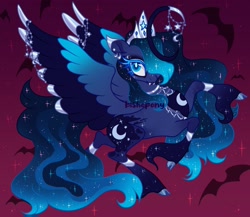 Size: 2048x1780 | Tagged: safe, artist:bishopony, imported from derpibooru, princess luna, alicorn, bat, pony, cloven hooves, colored wings, crescent horn, curved horn, ear piercing, earring, fangs, female, gradient background, hair over one eye, hoof fluff, horn, jewelry, long feather, mare, multicolored wings, nightmare night, piercing, rearing, solo, spread wings, wings