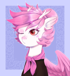 Size: 1250x1360 | Tagged: safe, artist:moewwur, artist:rin-mandarin, imported from derpibooru, oc, oc only, oc:nolinan, pegasus, pony, blue background, bust, clothes, horns, looking sideways, one eye closed, pegasus wings, pink hair, pink mane, portrait, red eyes, simple background, solo, stars, wings, wink