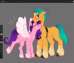 Size: 2048x1754 | Tagged: safe, artist:komiplier, imported from derpibooru, hitch trailblazer, pipp petals, earth pony, pegasus, pony, blushing, emanata, eyes closed, female, g5, gray background, height difference, hitchpipp, male, mare, neck nuzzle, plewds, shipping, simple background, smiling, spread wings, stallion, straight, unshorn fetlocks, wings