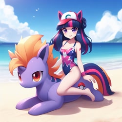 Size: 1024x1024 | Tagged: safe, imported from derpibooru, human, ai content, ai generated, beach, clothes, generator:bing image creator, humans riding ponies, leotard, pokémon, riding, solo