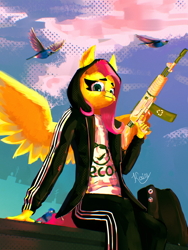 Size: 2916x3888 | Tagged: safe, artist:kainy, imported from derpibooru, fluttershy, bird, pegasus, counter-strike: global offensive, gun, looking at you, smiling, smiling at you, weapon