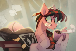 Size: 2577x1754 | Tagged: safe, artist:feelinnglad, imported from derpibooru, oc, oc:july red pencil, pegasus, pony, book, bookshelf, braid, cute, food, glasses, notes, pencil, reading, solo, tea, wing hands, wings