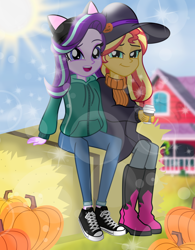 Size: 7000x8976 | Tagged: safe, artist:emeraldblast63, imported from derpibooru, starlight glimmer, sunset shimmer, equestria girls, boots, clothes, denim, hat, high heel boots, hoodie, jacket, jeans, pants, scarf, shirt, shoes