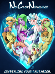 Size: 1387x1850 | Tagged: safe, artist:jamescorck, imported from derpibooru, braeburn, captain celaeno, cozy glow, feather bangs, ms. harshwhinny, princess cadance, shining armor, spike, tree hugger, windy whistles, my little pony: the movie, blushing, crossed hooves, crystal heart, fanfic, fanfic art, fanfic cover, no clop november, older, older cozy glow, older spike