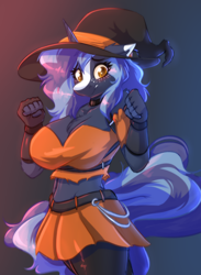 Size: 2928x4000 | Tagged: safe, artist:witchtaunter, imported from derpibooru, oc, oc:witching hour, anthro, blushing, clothes, costume, embarrassed, female, halloween, hat, holiday, rule 63, skirt, witch, witch hat