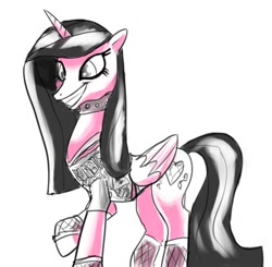 Size: 678x664 | Tagged: safe, artist:ara, imported from derpibooru, princess cadance, alicorn, black mane, choker, collar, doodle, evil cadance, eyeliner, fishnets, goth, makeup, metal, spiked choker