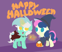 Size: 4123x3491 | Tagged: safe, artist:background basset, imported from derpibooru, bon bon, lyra heartstrings, sweetie drops, earth pony, pony, unicorn, candy, clothes, costume, duo, food, halloween, halloween costume, holiday, lineless, pumpkin bucket, simple background, text