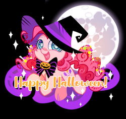 Size: 1250x1180 | Tagged: safe, artist:yokokinawa, imported from derpibooru, pinkie pie, bowtie, chibi, cloud, halloween, happy halloween, hat, heart, heart eyes, holiday, moon, sparkles, wingding eyes, witch hat