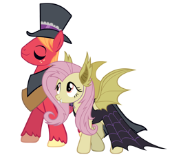 Size: 4000x3600 | Tagged: safe, anonymous artist, imported from derpibooru, big macintosh, fluttershy, earth pony, pegasus, pony, cloak, clothes, costume, dress, duo, duo male and female, eyeliner, eyes closed, female, flutterbat costume, hat, high res, mac the ripper, makeup, male, mare, nightmare night costume, ship:fluttermac, shipping, simple background, smiling, spread wings, stallion, straight, top hat, transparent background, vector, wings