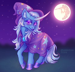 Size: 3364x3220 | Tagged: safe, artist:mammalian_alien, imported from derpibooru, trixie, pony, unicorn, cape, clothes, eyeshadow, female, grass, hat, hoof polish, lipstick, looking at you, makeup, mare, mare in the moon, moon, solo, stars, trixie's brooch, trixie's cape, trixie's hat