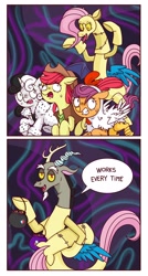 Size: 2216x4122 | Tagged: safe, alternate version, artist:syxpack, imported from derpibooru, apple bloom, discord, scootaloo, sweetie belle, bird, chicken, earth pony, pegasus, pony, unicorn, 101 dalmatians, 2 panel comic, animal costume, applejack's hat, breaking the fourth wall, candy, chicken suit, clothes, comic, commission, commissioner:zcord, costume, cowboy, cowboy hat, cruella de vil, cutie mark crusaders, discord being discord, fangs, fluttershy suit, food, halloween, hat, holiday, implied applejack, implied lesbian, implied rainbow dash, implied rarijack, implied rarity, implied shipping, pumpkin bucket, running, scaring, scootachicken, simple background, story included, sweat, talking to viewer, the discord zone, troll, vertical