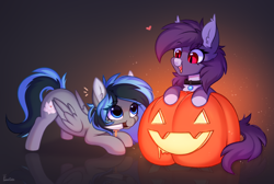 Size: 5952x4000 | Tagged: safe, artist:pesty_skillengton, imported from derpibooru, oc, oc:luny, oc:pestyskillengton, bat pony, pegasus, pony, chibi, collar, fangs, female, halloween, heart, holiday, knife, mare, pumpkin, smiling, wings