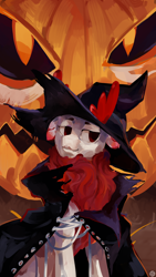 Size: 1440x2560 | Tagged: safe, artist:krapinkaius, imported from derpibooru, deer, them's fightin' herds, cape, clothes, community related, costume, glowing, glowing eyes, halloween, halloween costume, hat, holiday, jack-o-lantern, makeup, pumpkin, smiling, velvet (tfh), witch hat