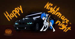 Size: 3538x1875 | Tagged: safe, artist:bumskuchen, imported from derpibooru, oc, oc:shifting gear, pony, unicorn, bmw, nightmare night, pumpkin, simple background, solo, vehicle