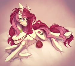 Size: 2560x2258 | Tagged: safe, artist:meggychocolatka, imported from derpibooru, roseluck, pony, behaving like a cat, collar, commission, commissioner:doom9454, cute, lying down, pony pet, rosepet, yarn, yarn ball