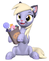 Size: 800x1000 | Tagged: safe, artist:owlpirate, imported from derpibooru, derpy hooves, pegasus, pony, 3d, animal costume, bag, candy, cat costume, clothes, costume, cute, derpabetes, female, food, halloween, halloween costume, holiday, hoof hold, mare, nightmare night costume, paper bag, simple background, solo, source filmmaker, transparent background