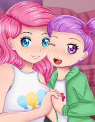 Size: 2480x3189 | Tagged: safe, artist:focusb, pinkie pie, equestria girls, female, holding hands, younger