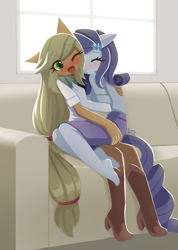 Size: 2150x3024 | Tagged: safe, artist:howxu, applejack, rarity, anthro, clothes, feet, hug